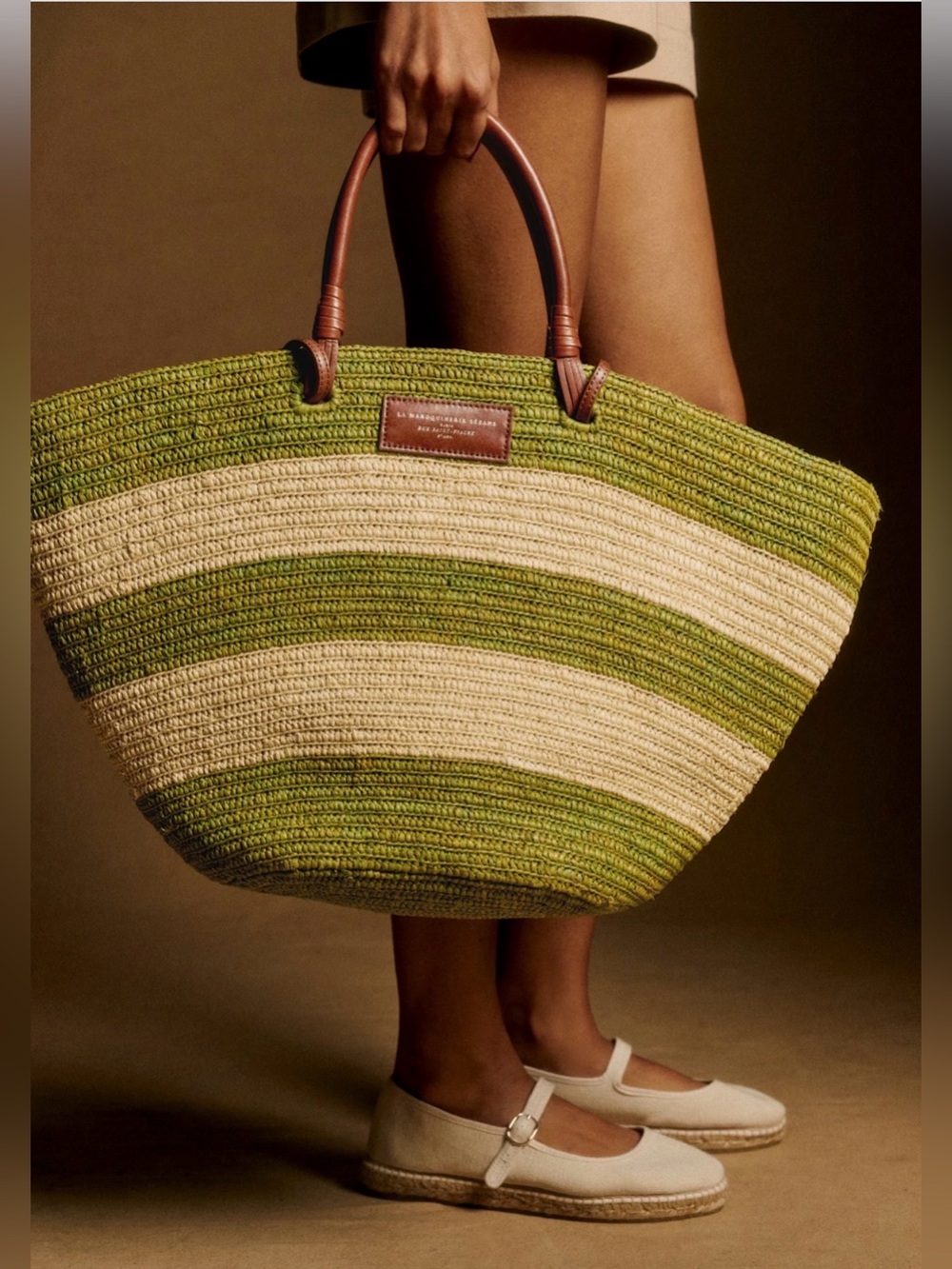 🌿 Sezane Maxi Justine Raffia bag - green striped NWT